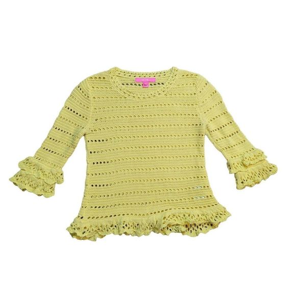 Lilly Pulitzer Crochet Knit Sweater Women's XS Yellow 3/4 Sleeve Ruffled Cotton - Picture 5 of 11